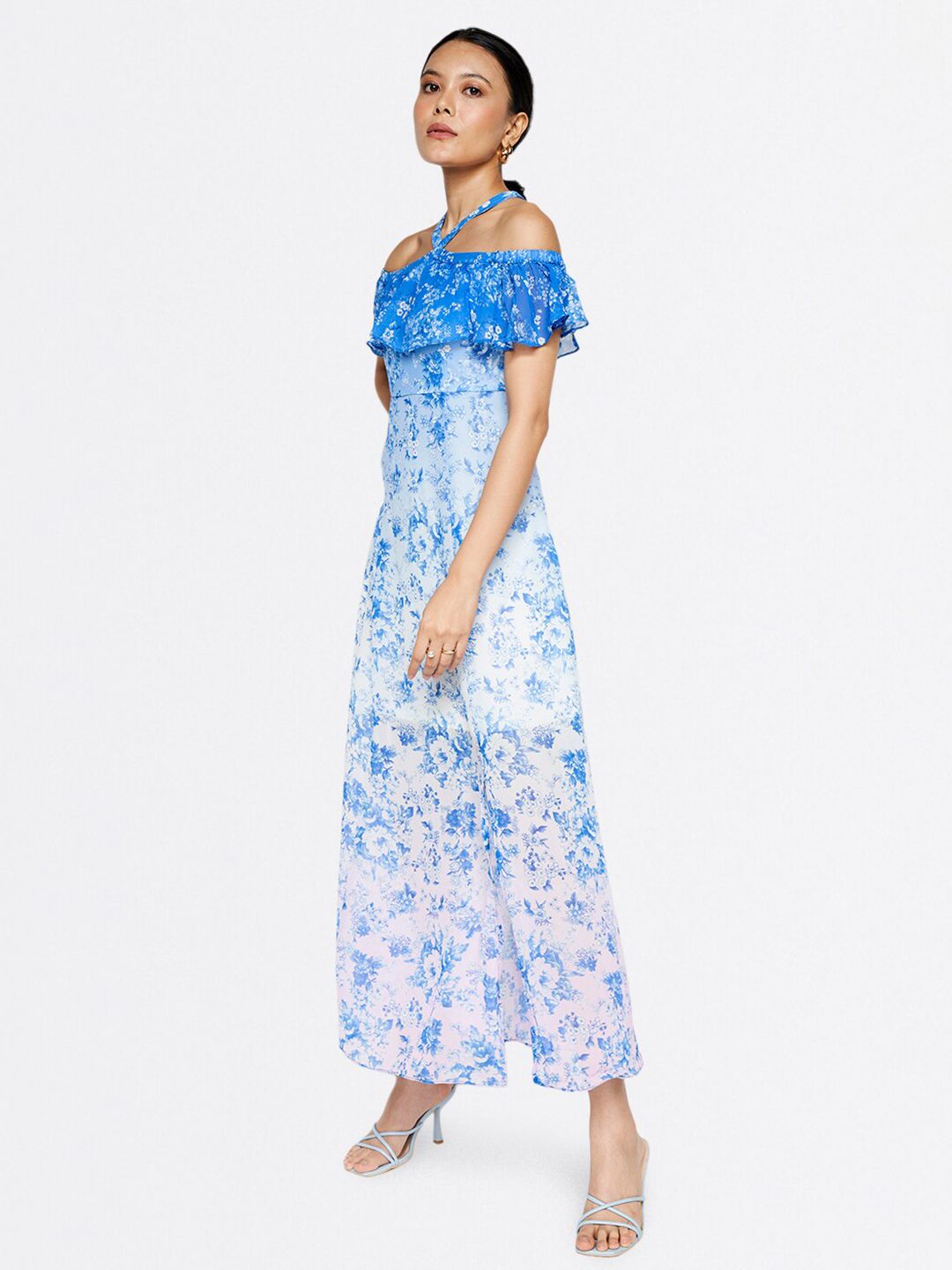 AND Floral Printed Halter Neck Cold-Shoulder Ruffled Maxi Dress