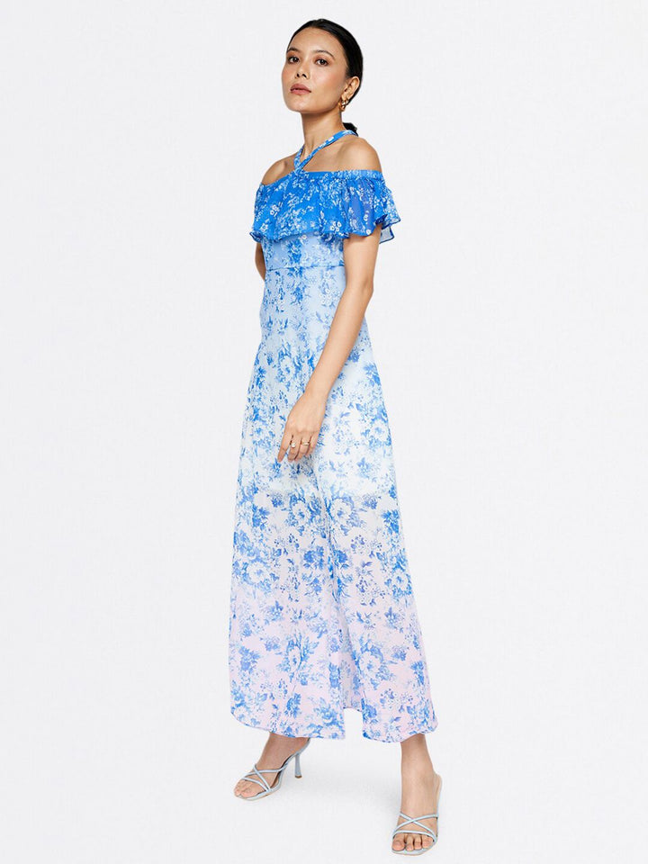 AND Floral Printed Halter Neck Cold-Shoulder Ruffled Maxi Dress