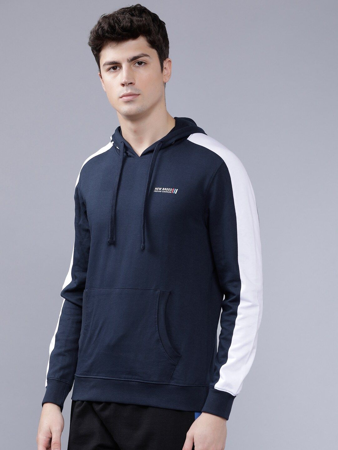 The Indian Garage Co Men Navy Blue Solid Hooded Sweatshirt