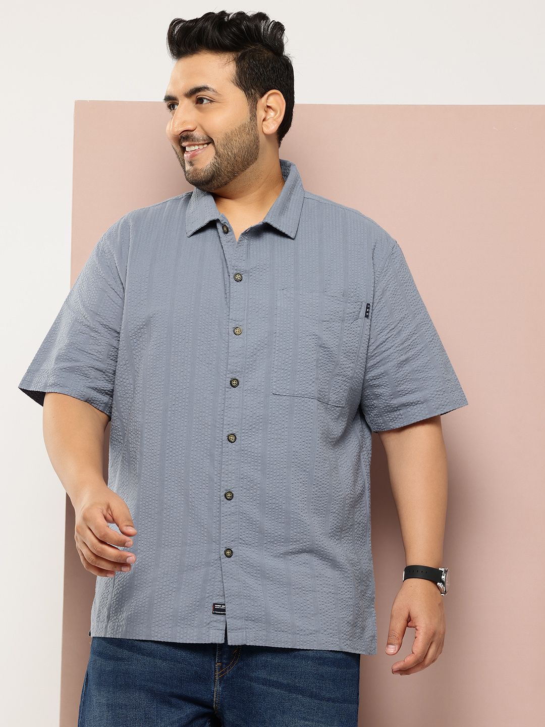 Thomas Scott Men's Plus Size Seersucker Cotton Casual Shirt