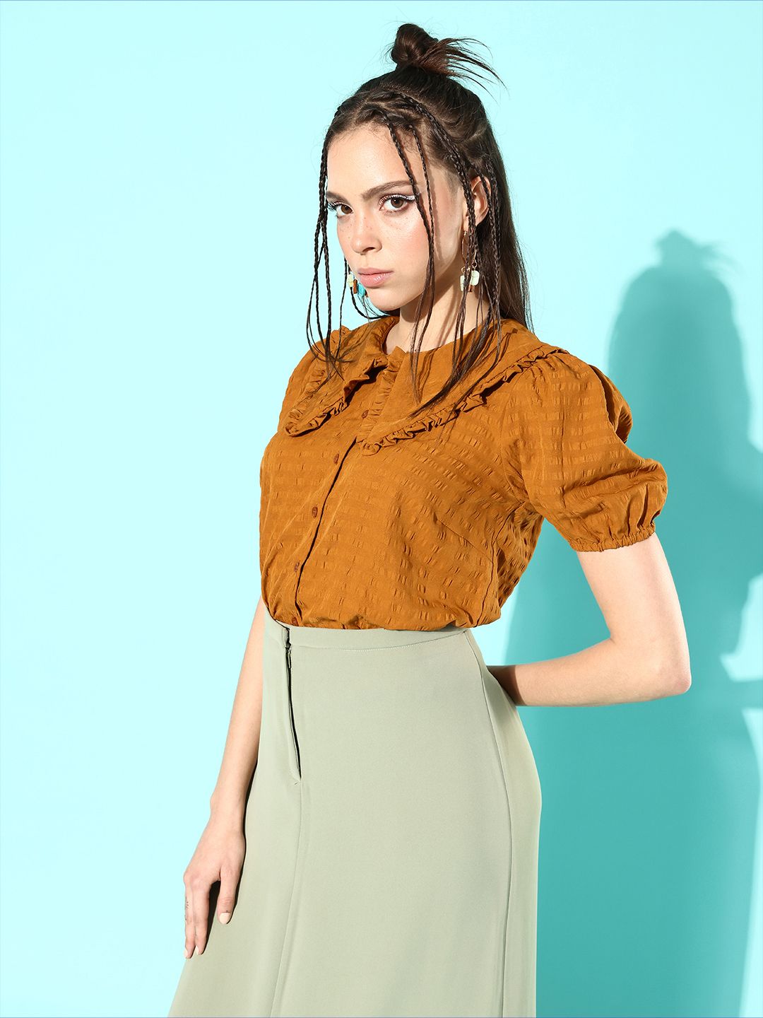 DressBerry Women Chic Brown Textured Statement Collar Shirt