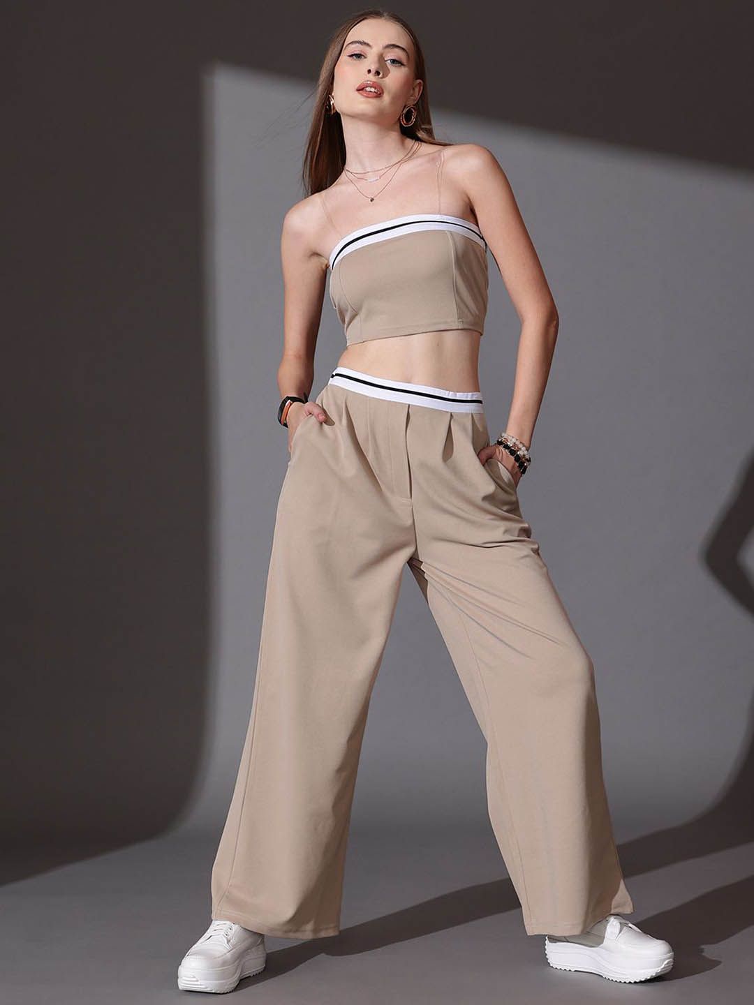 STREET 9 Solid Off Shoulder Top &Trousers Co-ord Set