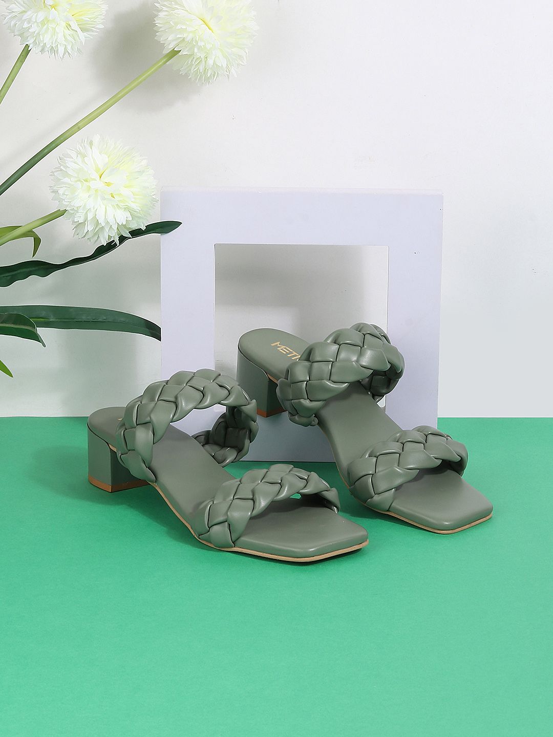 Metro Green Textured Synthetic Regular Height Block Mules