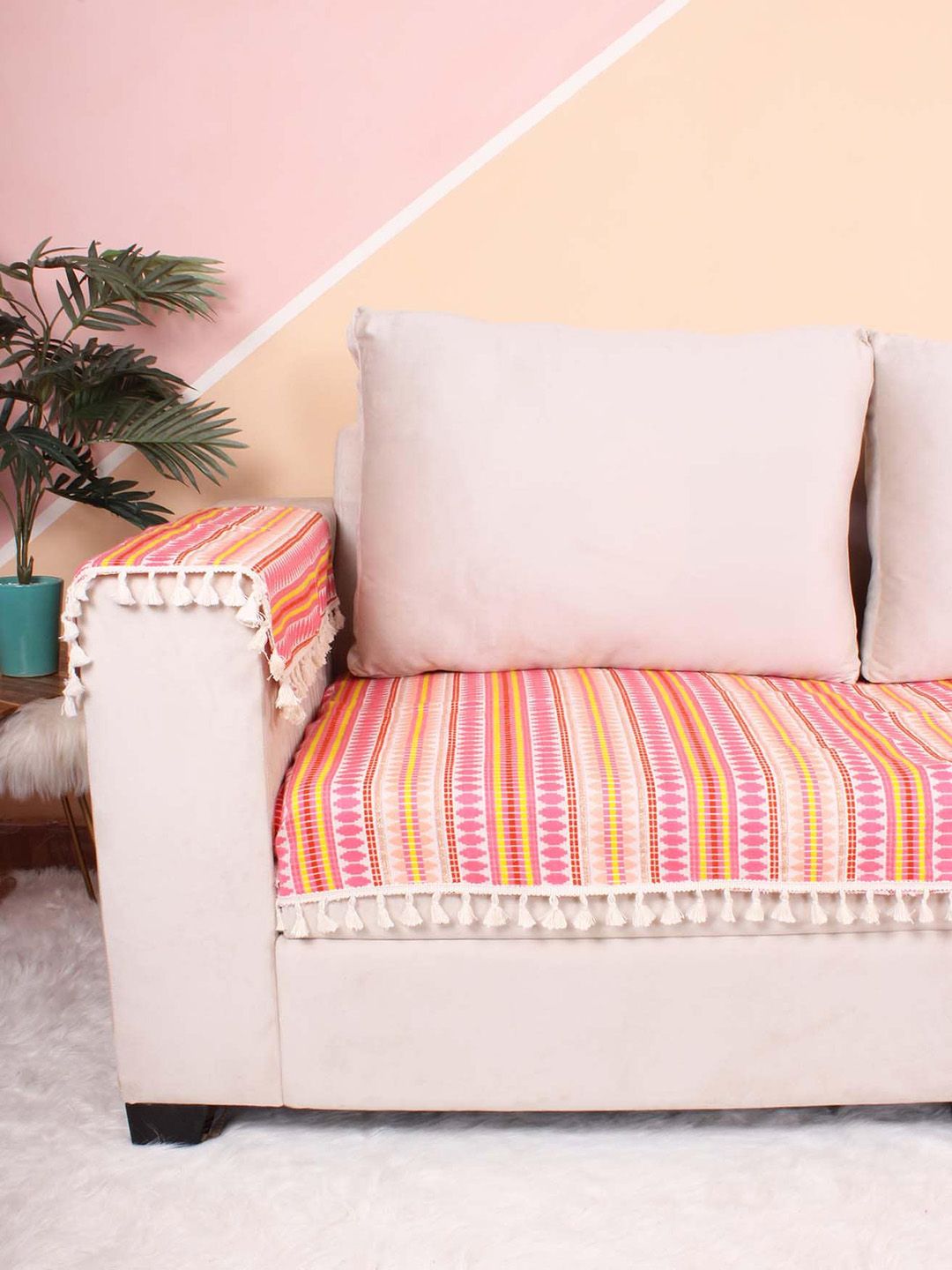 STITCHNEST Pink & Yellow Jacquard Printed 1-Seater Sofa Cover