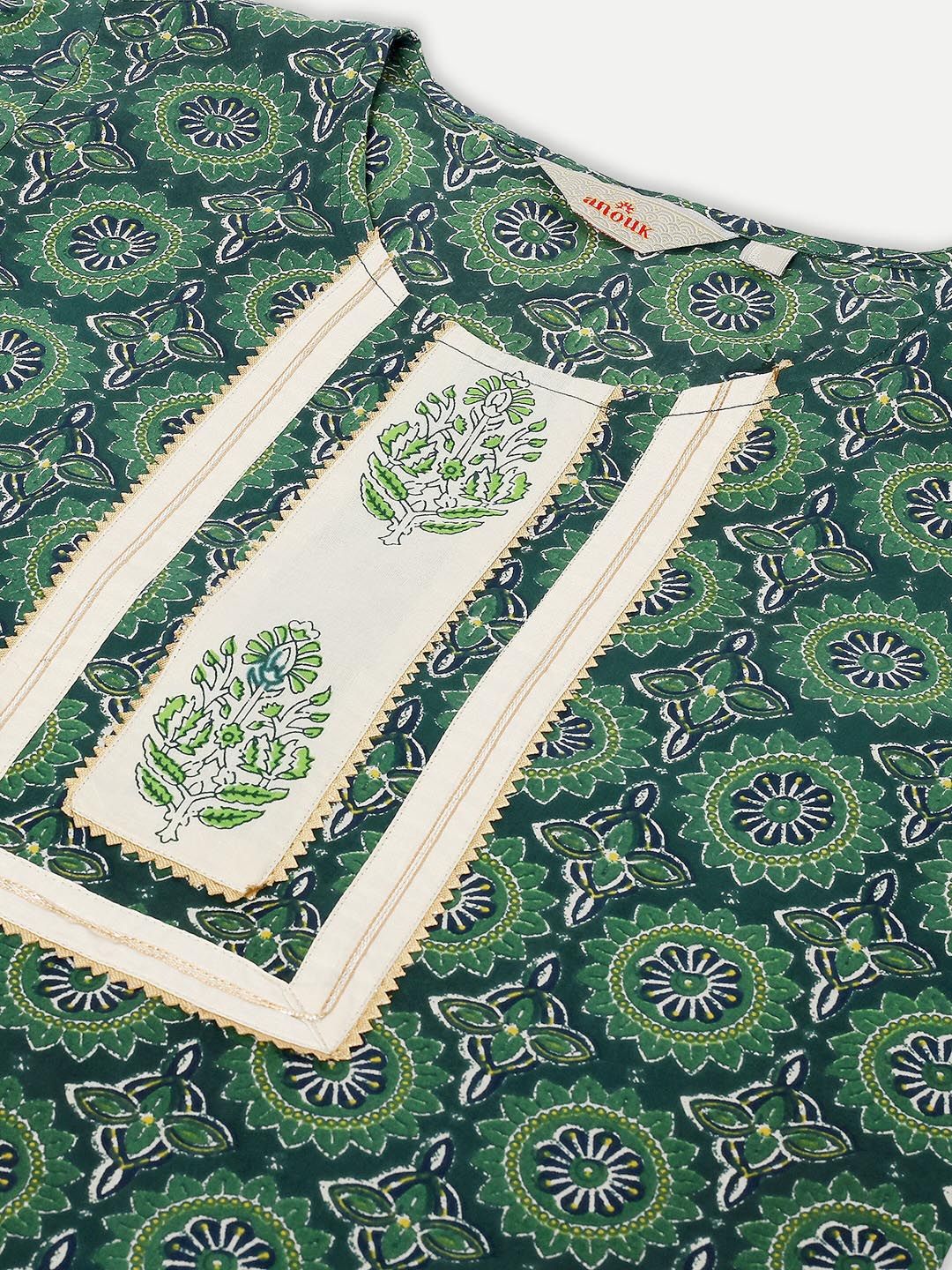 Anouk Teal & Beige Ethnic Motifs Printed Regular Pure Cotton Kurta & Trousers With Dupatta