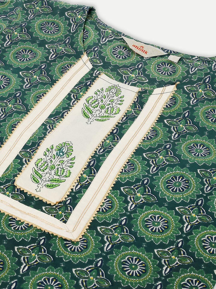 Anouk Teal & Beige Ethnic Motifs Printed Regular Pure Cotton Kurta & Trousers With Dupatta