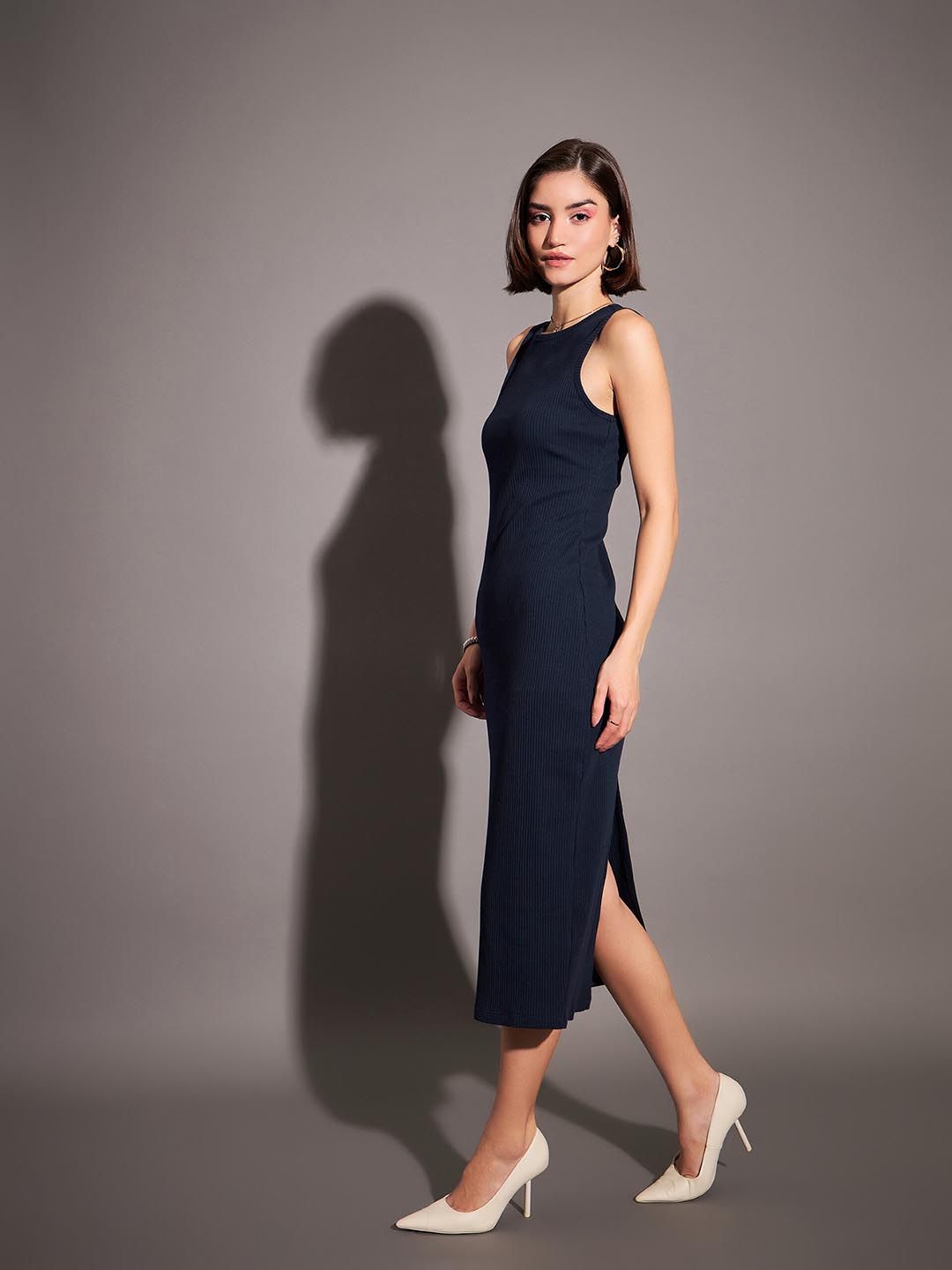 SASSAFRAS Navy Blue Ribbed Sheath Midi Dress