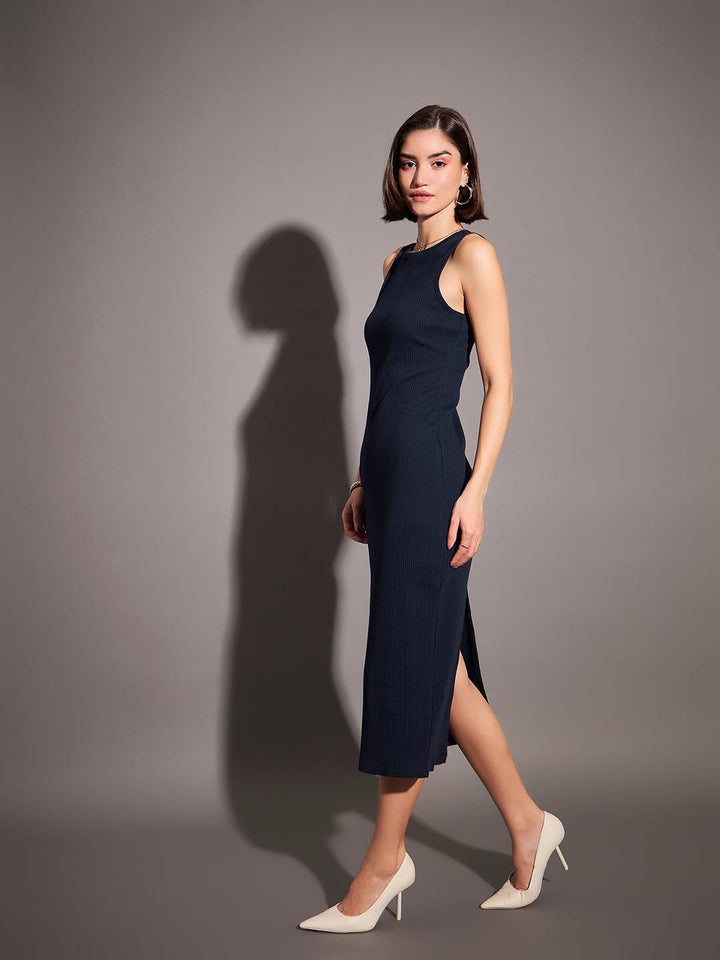 SASSAFRAS Navy Blue Ribbed Sheath Midi Dress