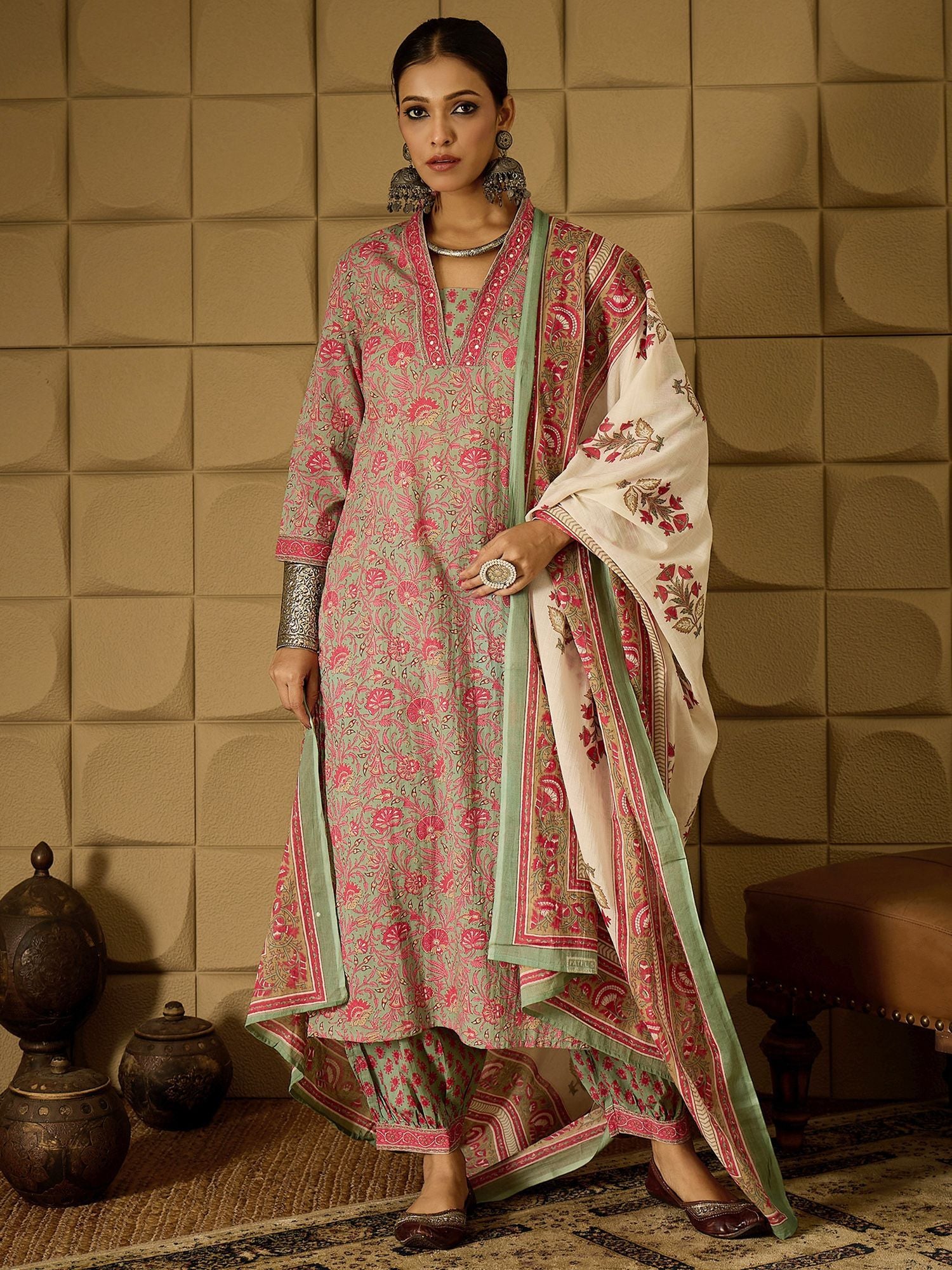 Indo Era Floral Printed Pure Cotton Kurta Straight Kurta With Salwar And Dupatta