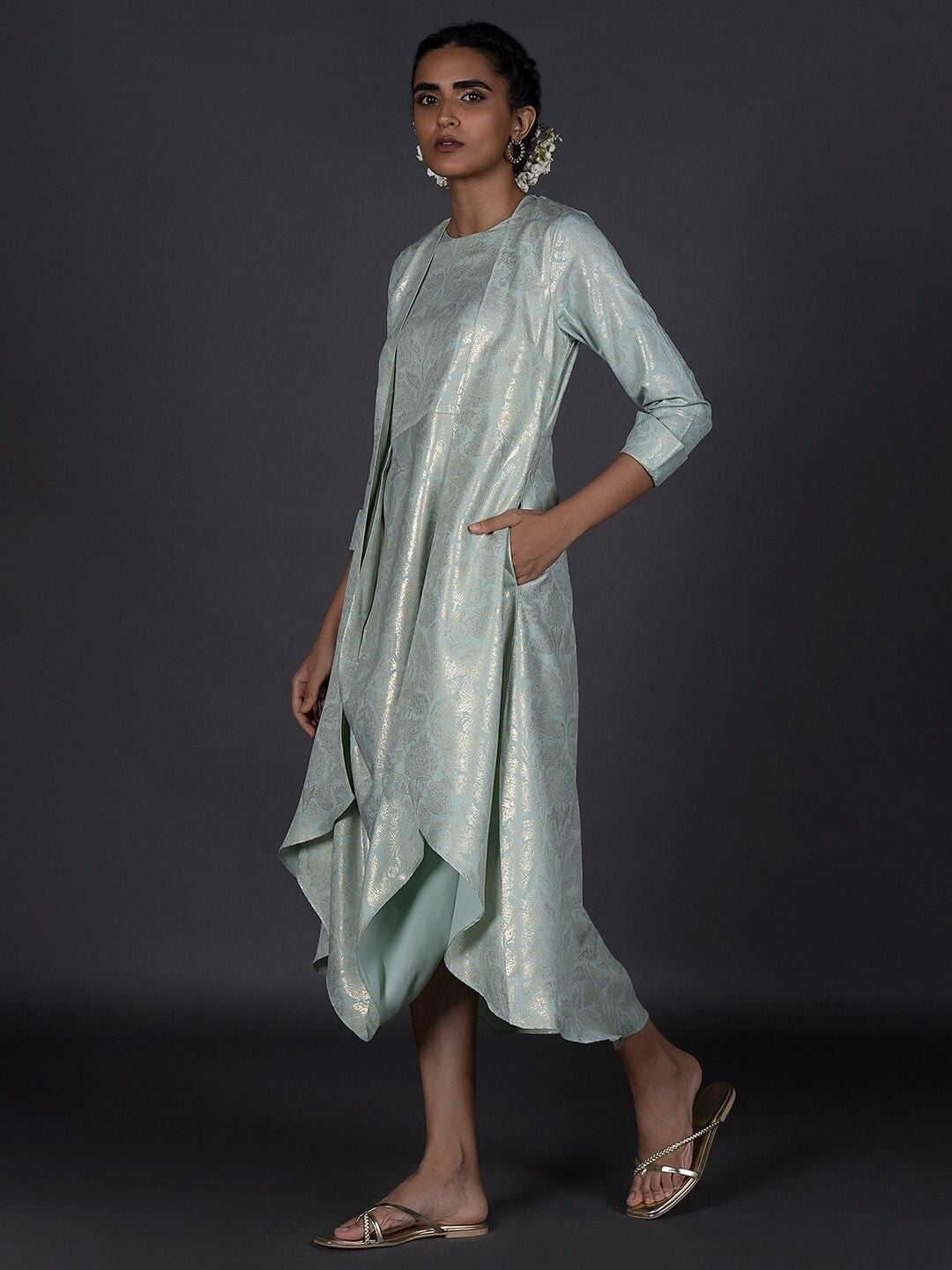 W Green Ethnic A-Line Midi Dress