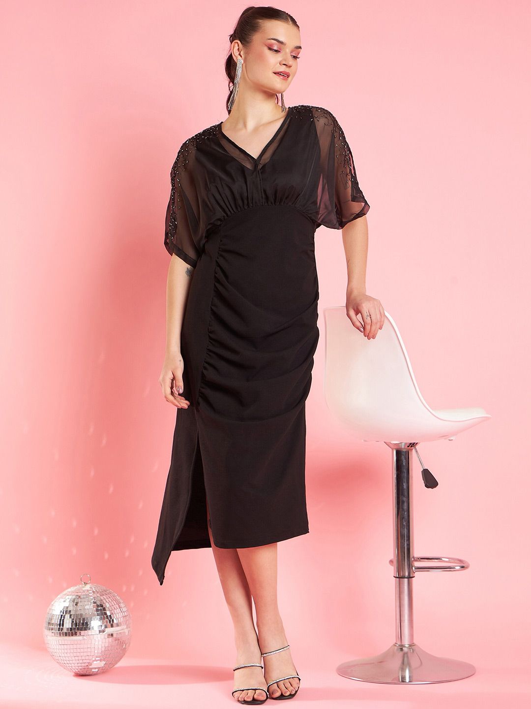 Antheaa Black Chiffon Sheath Midi Dress