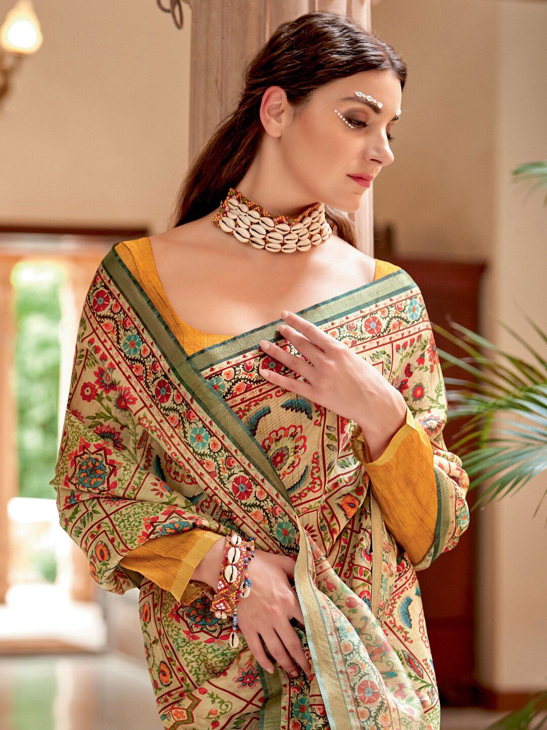Saree mall Beige & Gold-Toned Ethnic Motifs Printed Zari Pure Silk Sarees