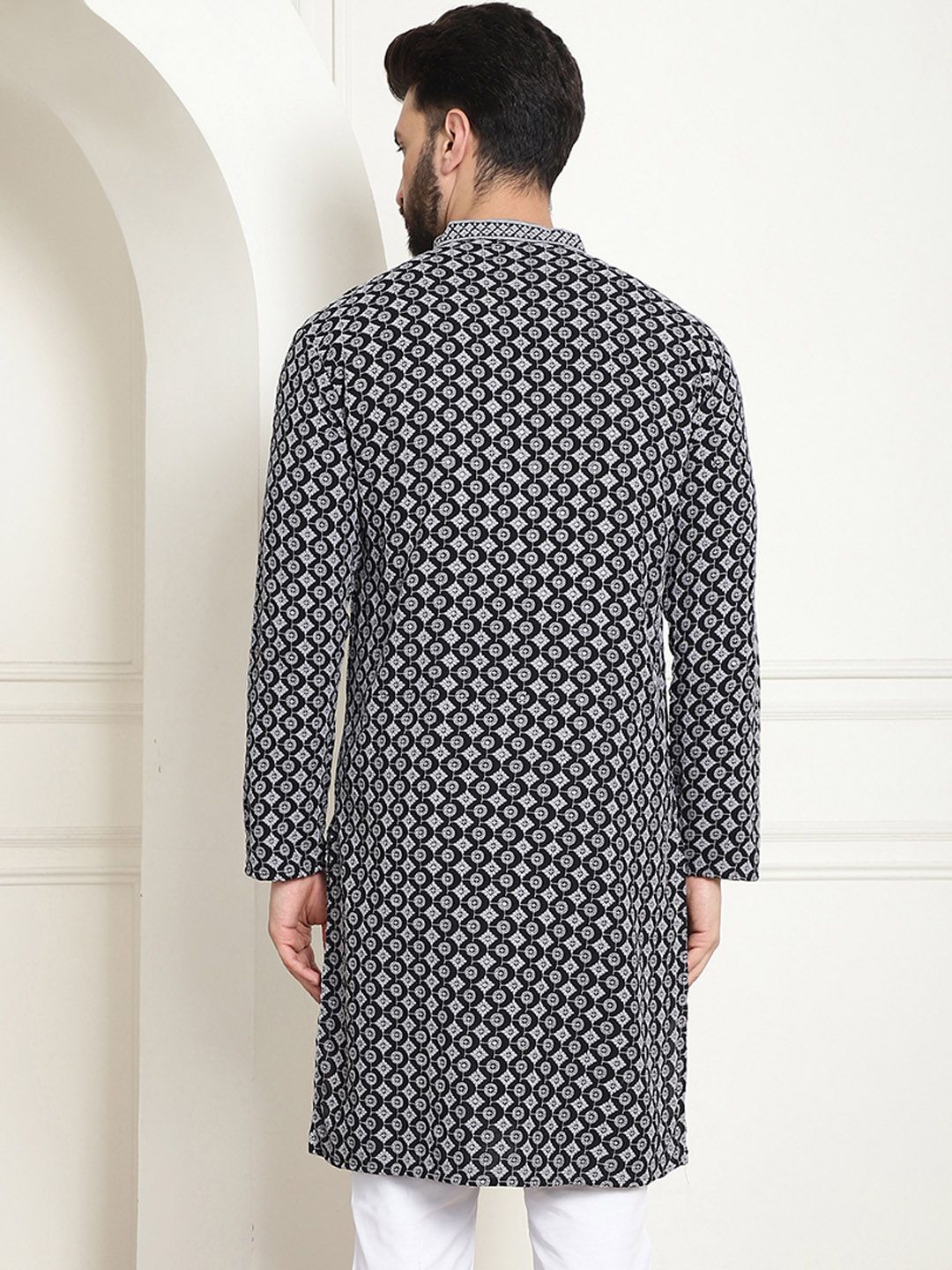 SOJANYA Kurta Katun Tulen Bersulam Geometrik Kolar Mandarin Lurus