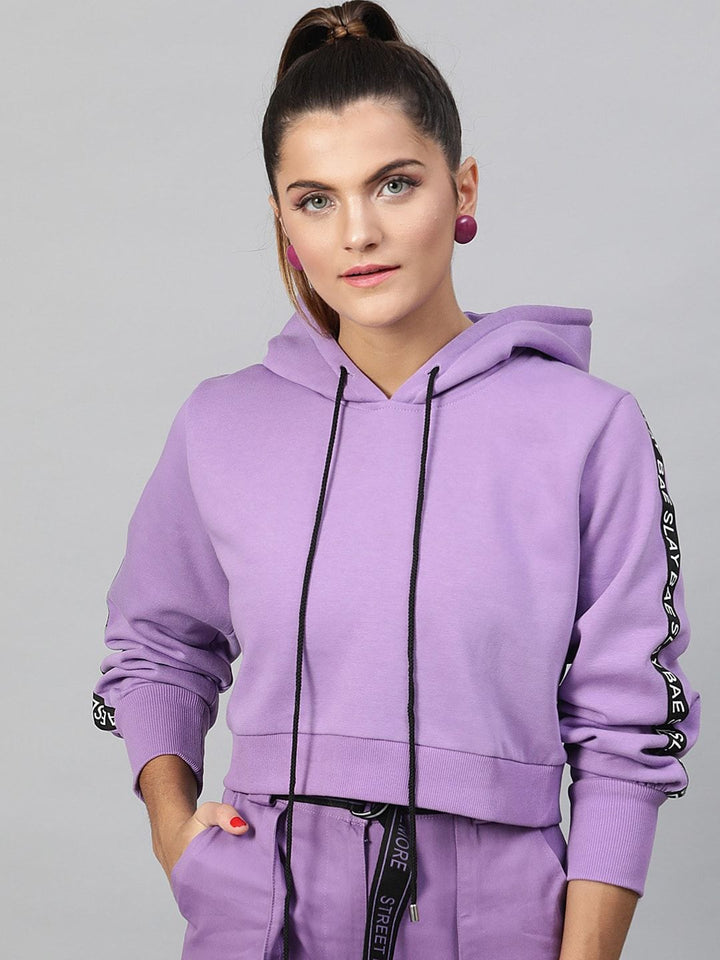 STREET 9 Women Lavender Solid Hooded Crop Sweatshirt