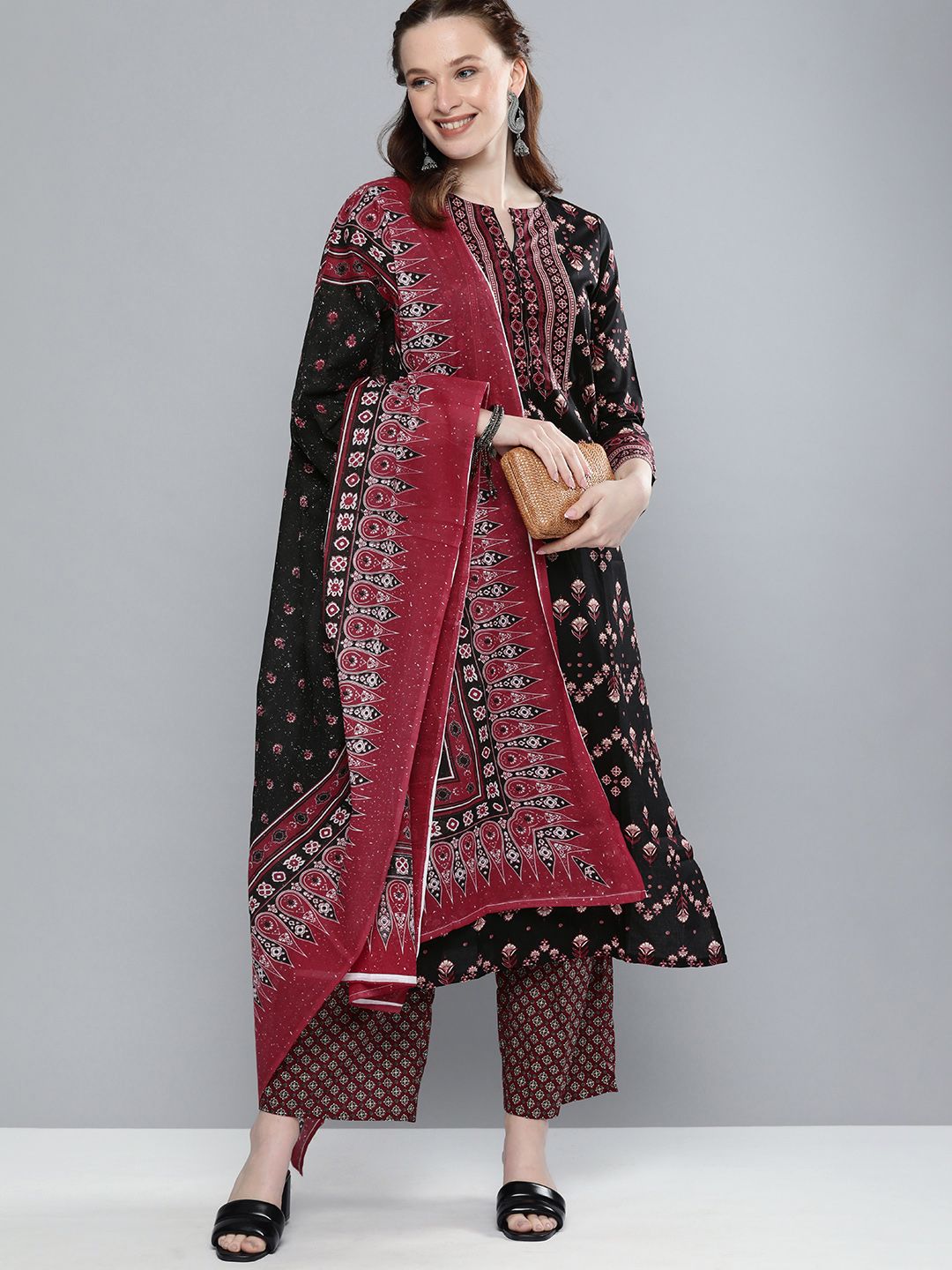 Vishudh Women Black & Red Printed Kurta with Palazzos & Dupatta