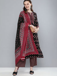 Vishudh Women Black & Red Printed Kurta with Palazzos & Dupatta
