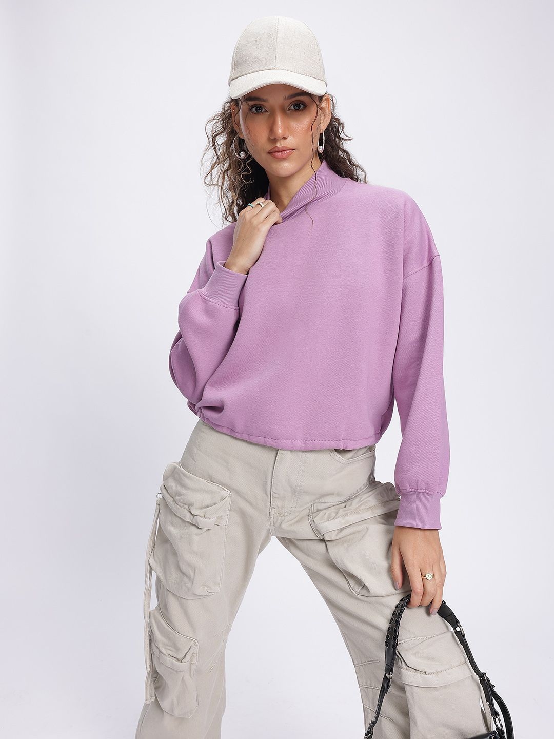 DressBerry High Neck Drop-Shoulder Crop Sweatshirt