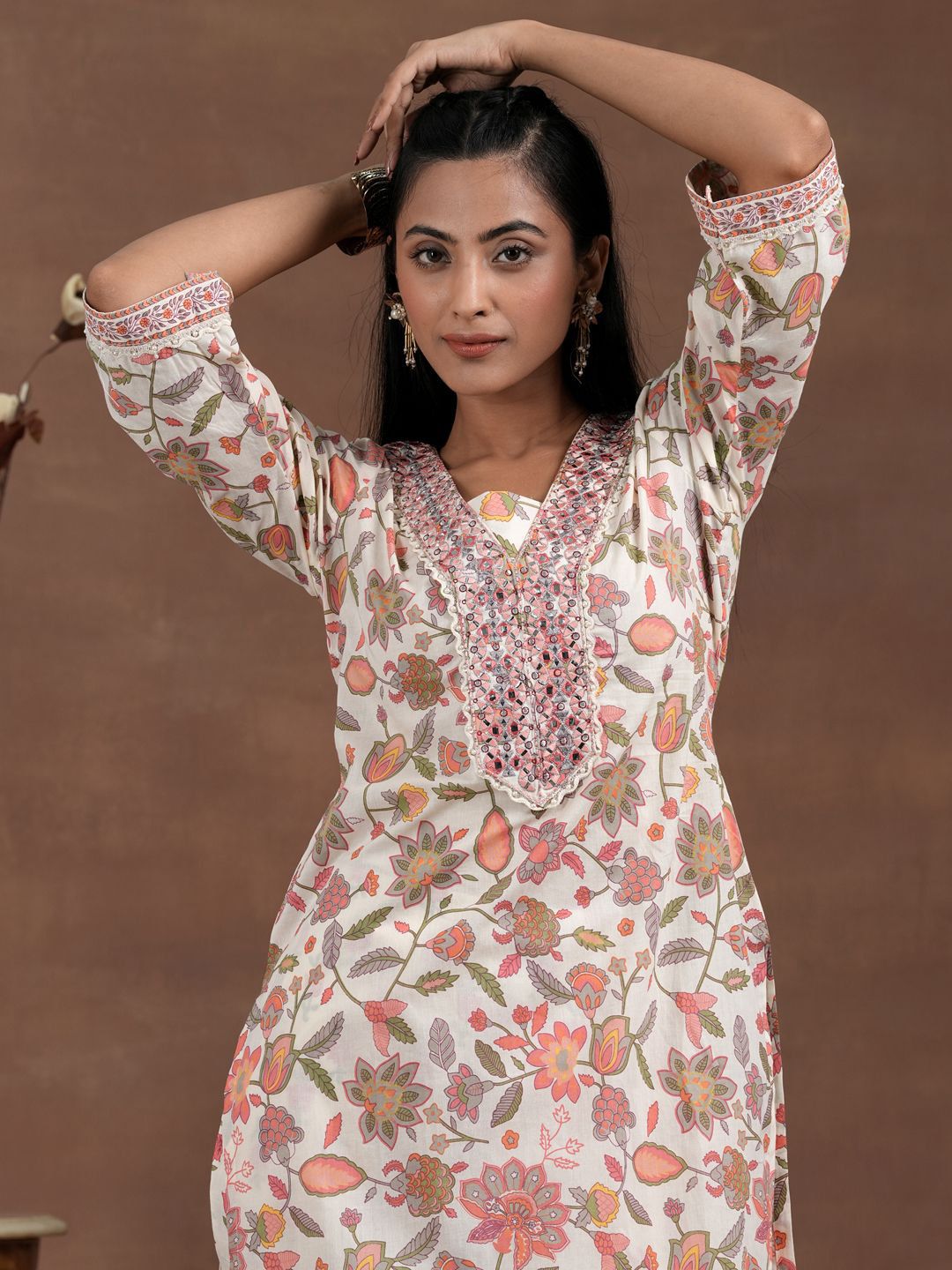 Libas Women Ethnic Motifs Printed Regular Mirror Work Pure Cotton Kurta with Palazzos