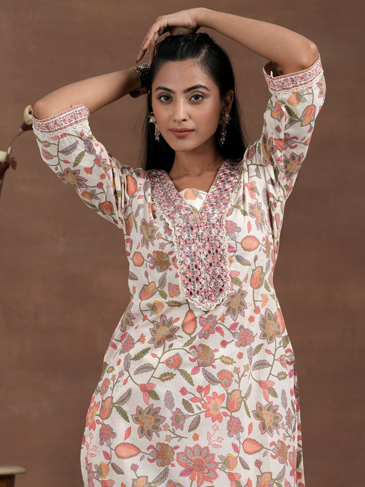 Libas Women Ethnic Motifs Printed Regular Mirror Work Pure Cotton Kurta with Palazzos