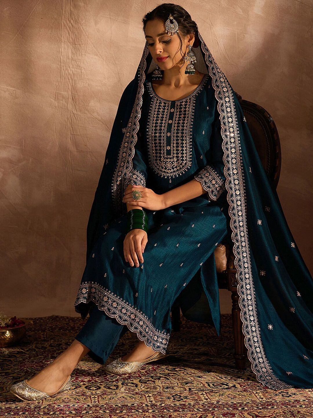 Indo Era Ethnic Motifs Embroidered Regular Thread Work Striaght Kurta Set