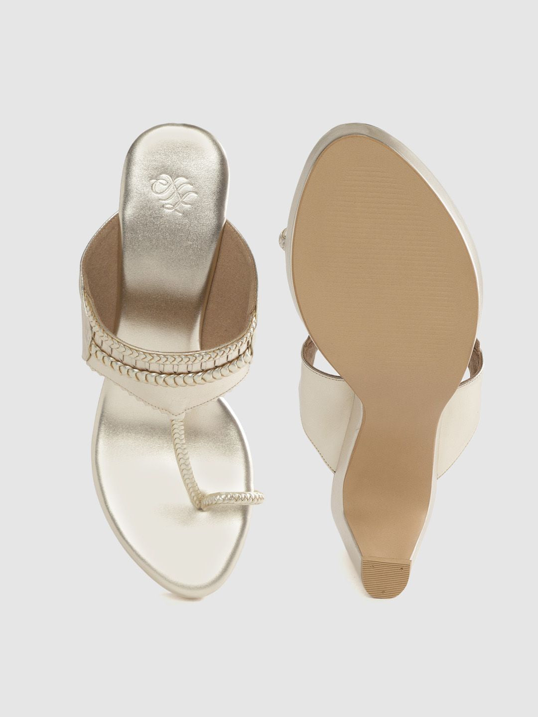 House of Pataudi Women Muted Gold-Toned Braided Handcrafted One Toe Heels