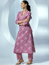 Libas Women Ethnic Motifs Printed Regular Beads and Stones Pure Cotton Kurta with Trousers