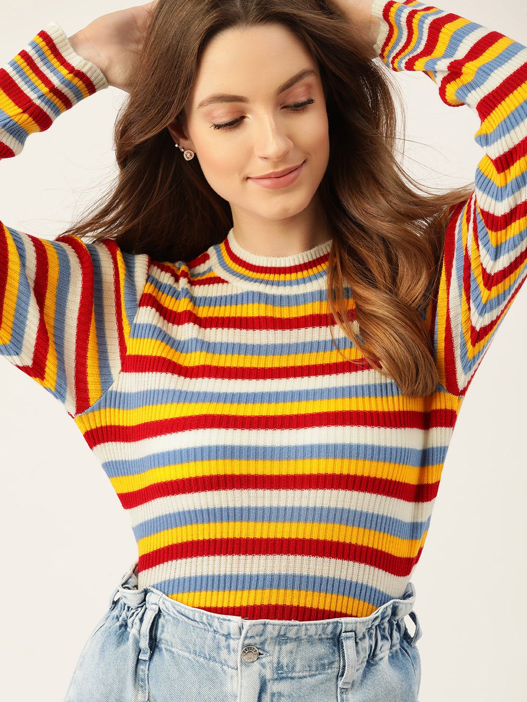 DressBerry Women Red & Mustard Yellow Striped Pullover