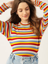 DressBerry Women Red & Mustard Yellow Striped Pullover