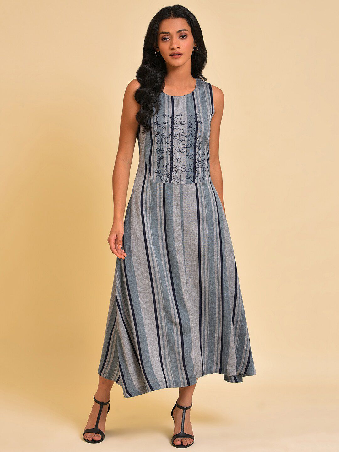W Blue Striped A-Line Maxi Dress