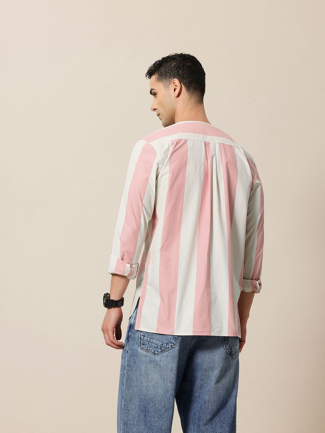 Mr Bowerbird Pure Cotton Collarless Striped Liberal Fit Casual Shirt