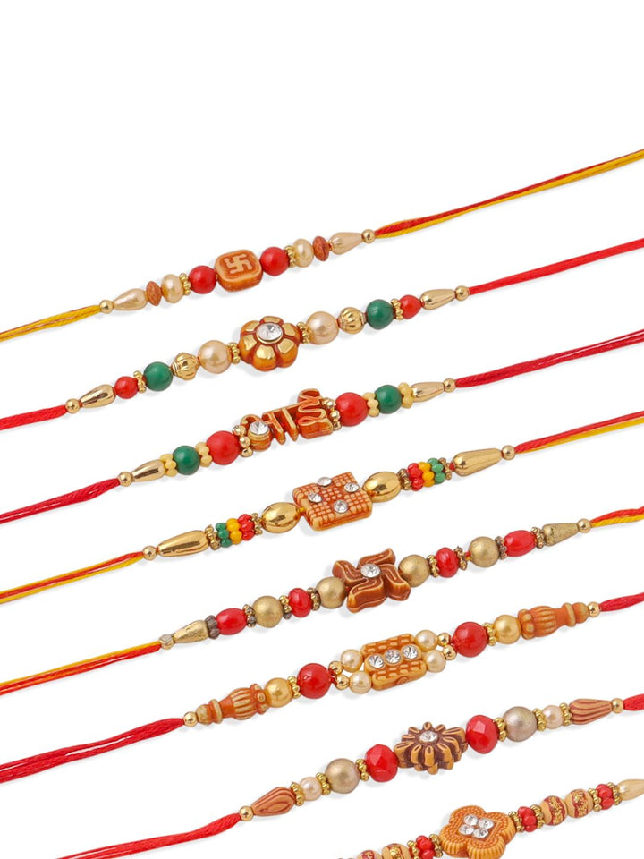 NVR Unisex Set of 10 Floral  Red Artificial Stones and Beads Thread Rakhi With Roli Chawal
