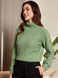 Berrylush Green Cable Knit Self Design Turtle Neck Acrylic Pullover Sweater