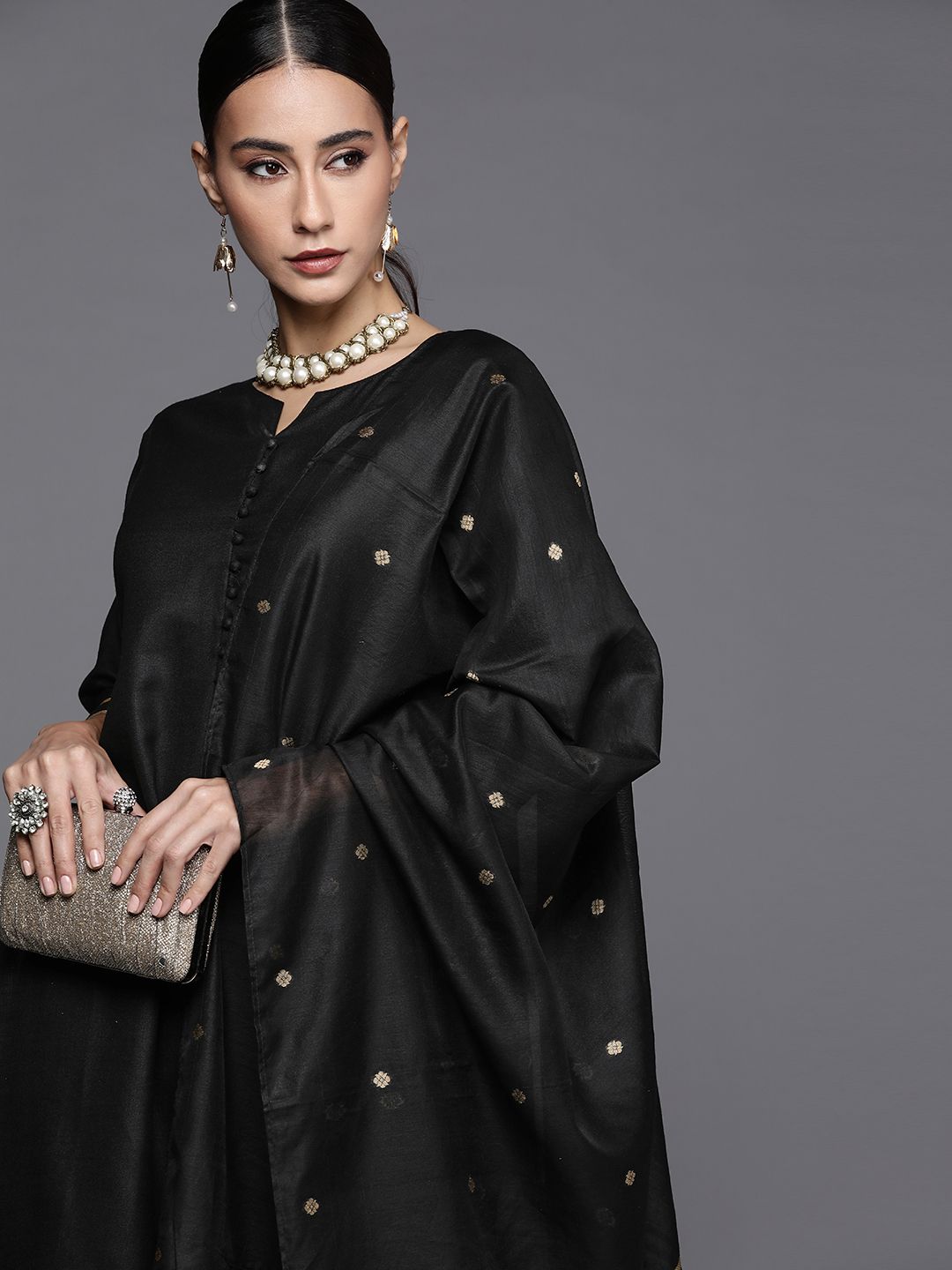 Libas Women Black Pure Cotton Kurta with Palazzos & With Dupatta