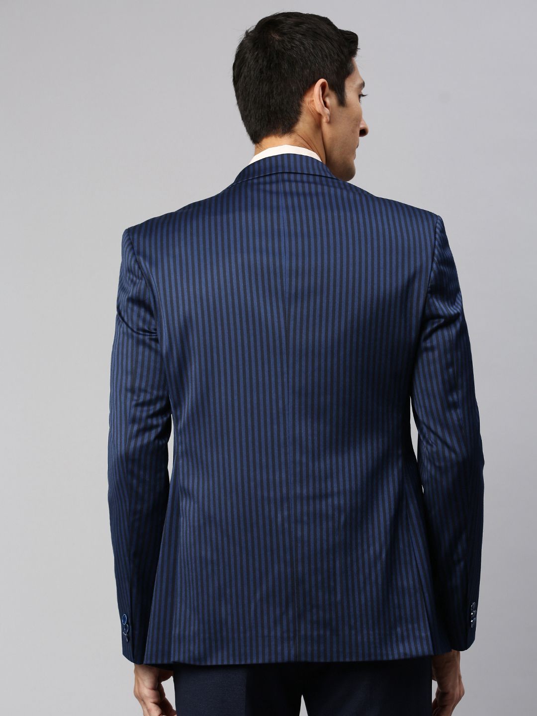 Park Avenue Men Navy Blue & Black Striped Super Slim Fit Single-Breasted Formal Blazer