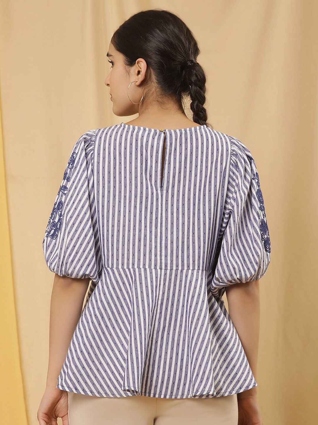 W Vertical Striped Puff Sleeves Cotton Peplum Top
