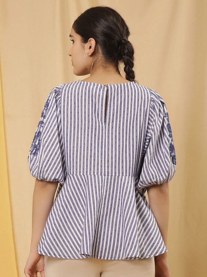 W Vertical Striped Puff Sleeves Cotton Peplum Top