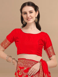 KALINI Red & Golden Floral Zari Silk Blend Banarasi Saree