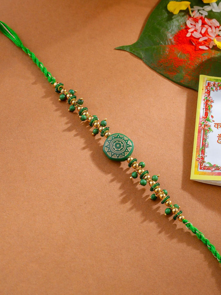 NVR Unisex Green Artificial Beads Round Shape Thread Rakhi with Roli Chawal