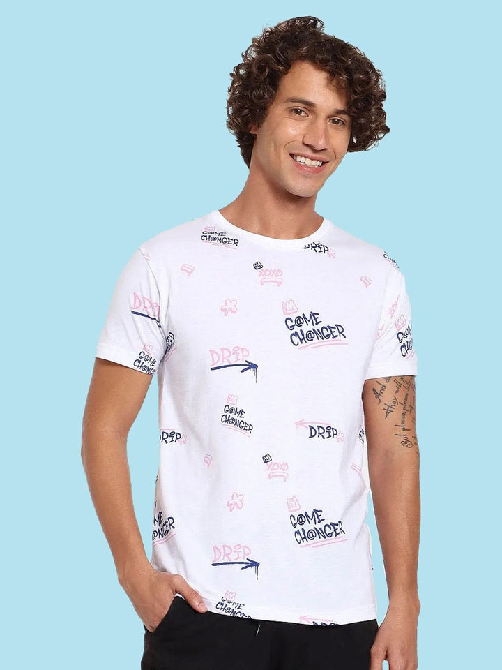 Bewakoof Men White & Navy Blue Printed T-shirt