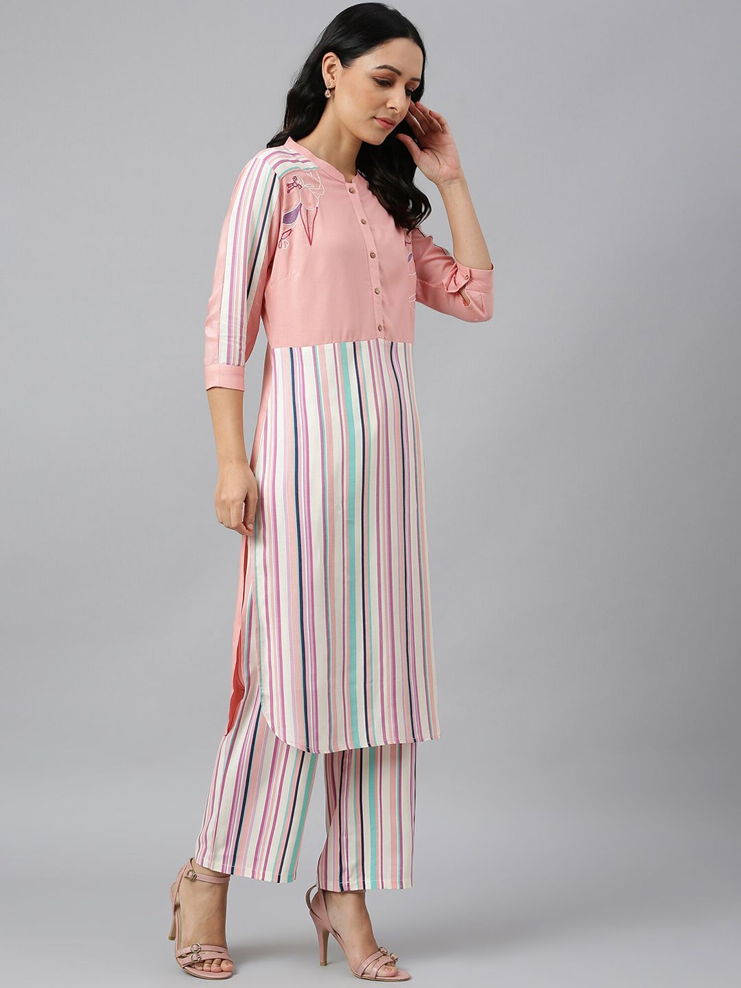W Women Pink & Blue Striped Kurta
