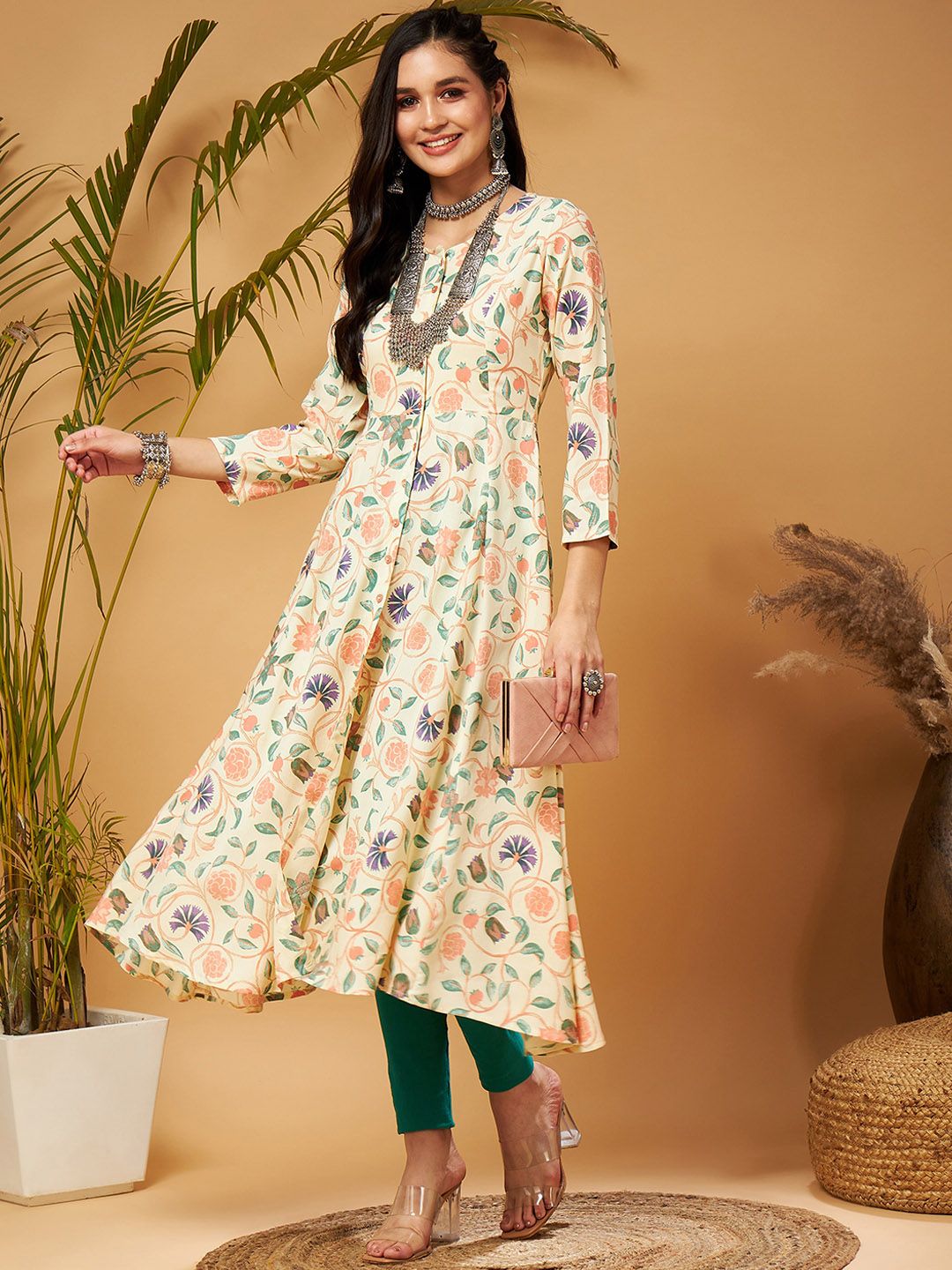 Shae by SASSAFRAS Beige Floral Printed  Front Open Anarkali Kurta