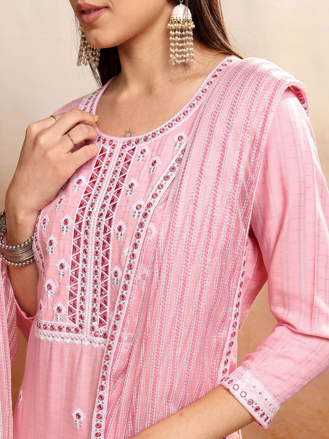 Vishudh Pink Floral Embroidered Straight Kurta with Trousers & Dupatta