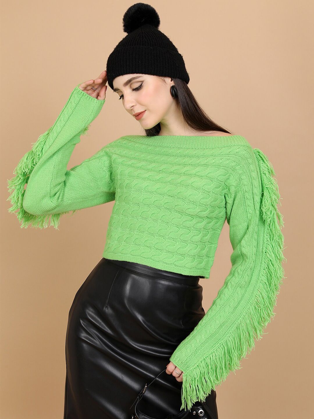Tokyo Talkies Green Cable Knit Self Design Boat Neck Fringed Acrylic Crop Pullover Sweater