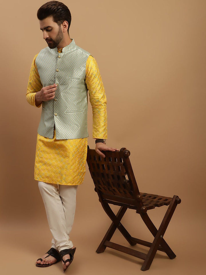 SOJANYA Geometric Embroidered Regular Kurta with Churidar & Woven Design Nehru Jacket