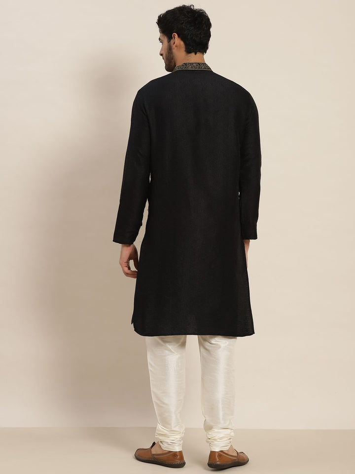 SOJANYA Men Black Ethnic Motifs Yoke Design Jacquard Kurta