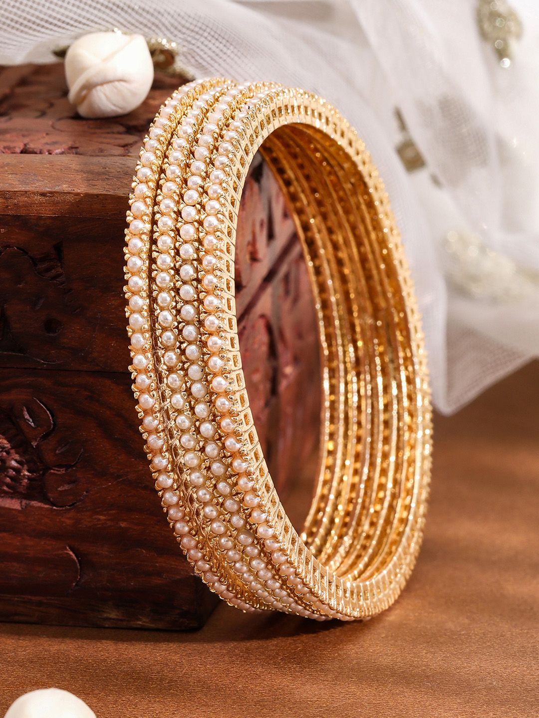 Rubans Set of 4 18K Gold-Plated Pearl Beaded Traditional Bangles - Classic & Elegant