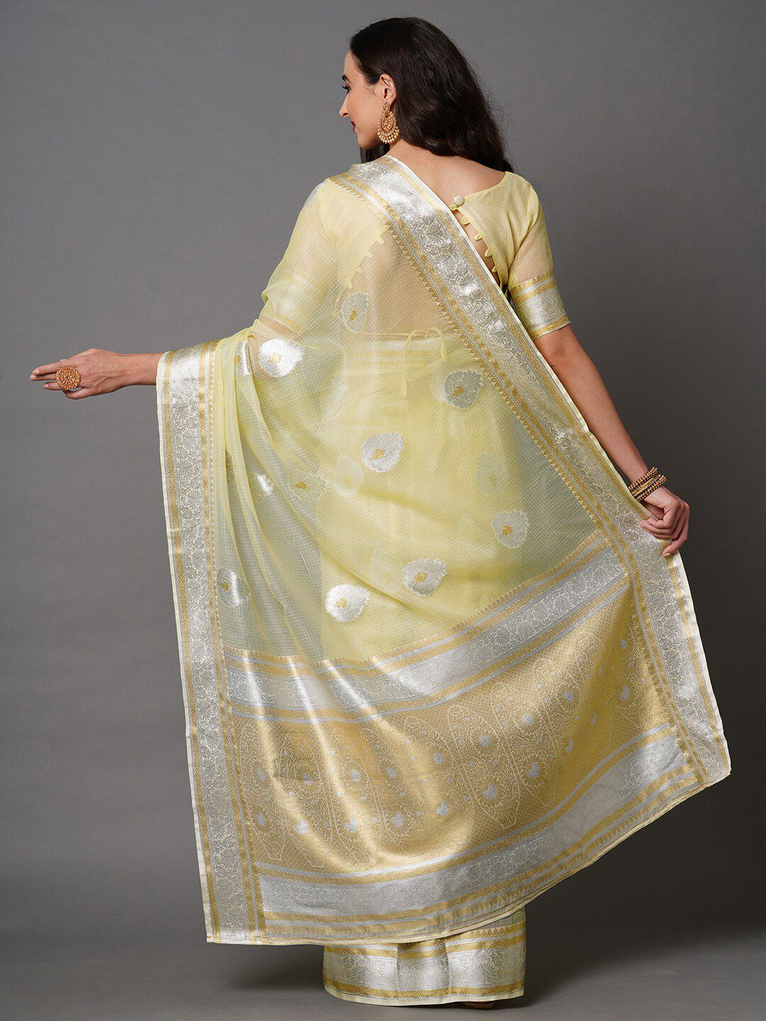 Saree mall Yellow & Silver-Toned Woven Design Silk Blend Banarasi Sarees