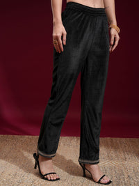 Vishudh Women Embroidered Velvet Straight Kurta with Slim Palazzo and Dupatta