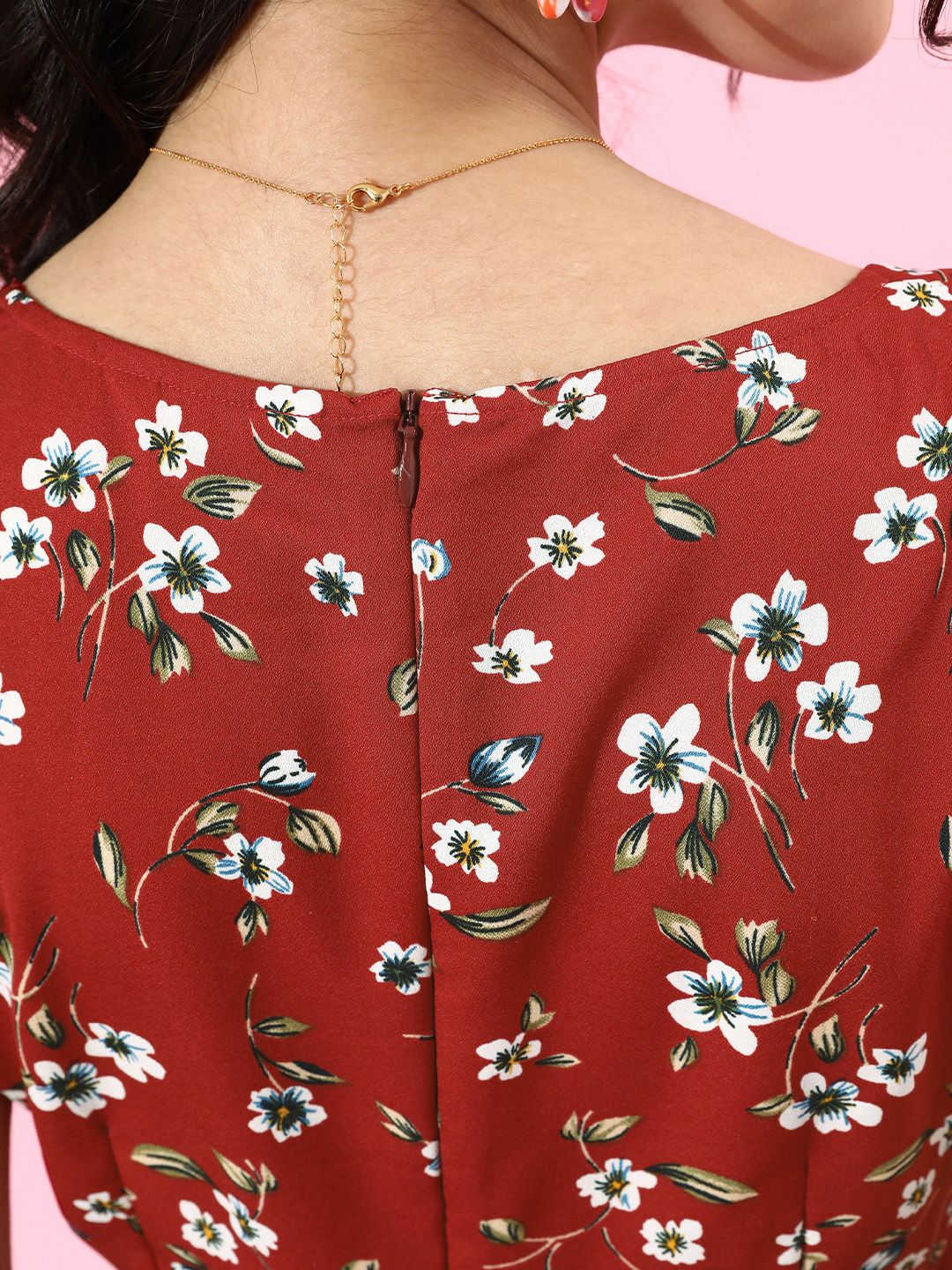 Berrylush Women Gorgeous Red Floral Puff Sleeves Dress