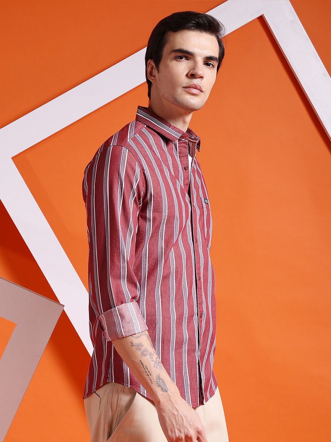 The Indian Garage Co Striped Slim Fit Classic Cotton Casual Shirt